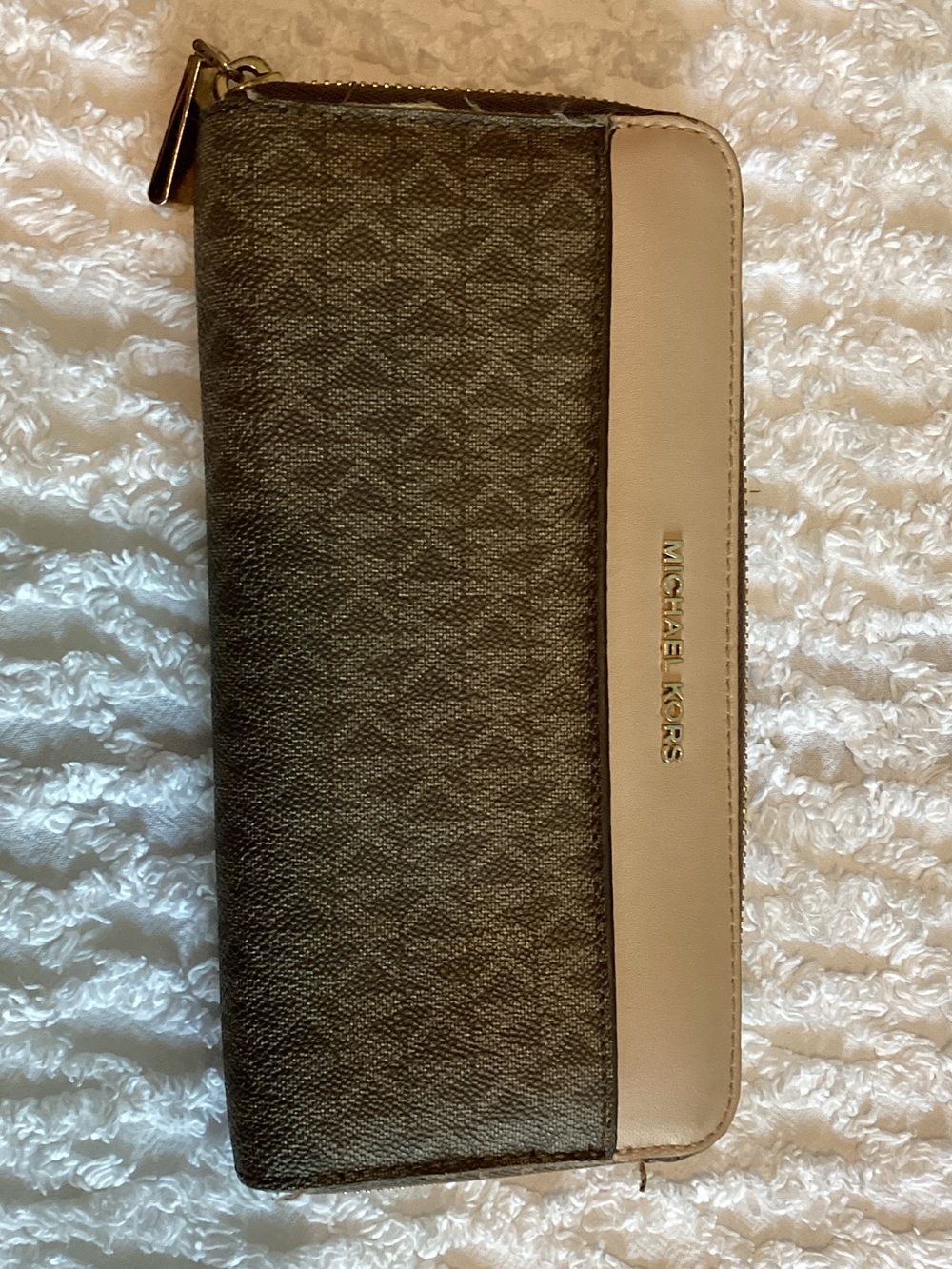 Michael Kors Brown and Beige Signature Zip Wallet